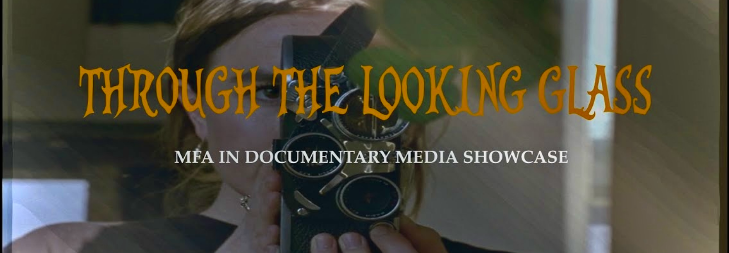 A white woman points a camera at her reflection with orange text that reads "Through the Looking Glass" 