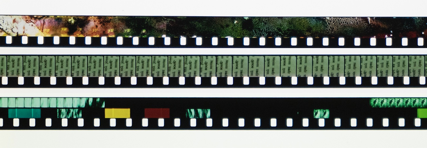 Three 8mm film strips showing hand-painted and photographed images.