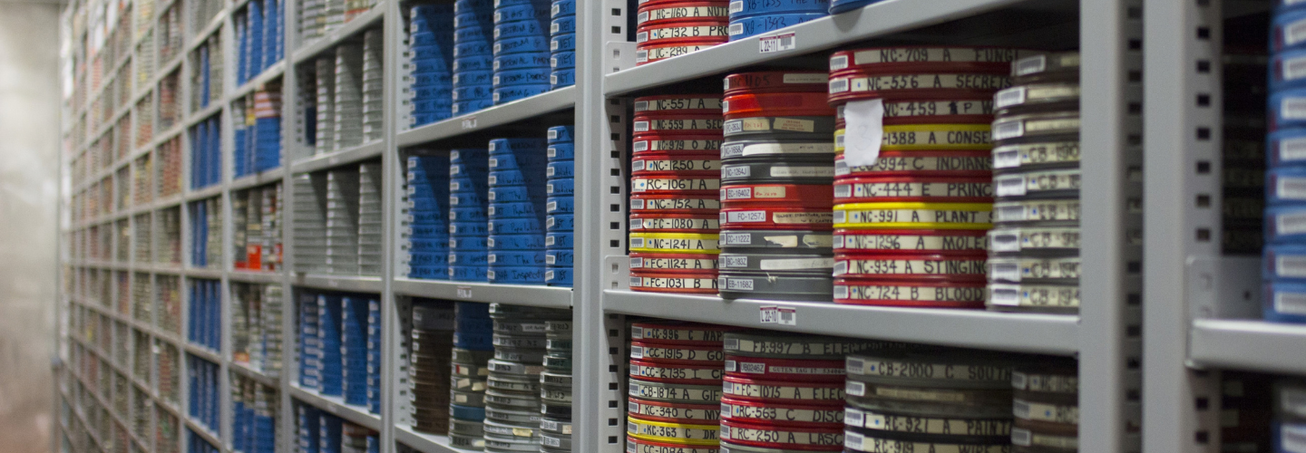 shelves of film reels in IU Moving Image Archives