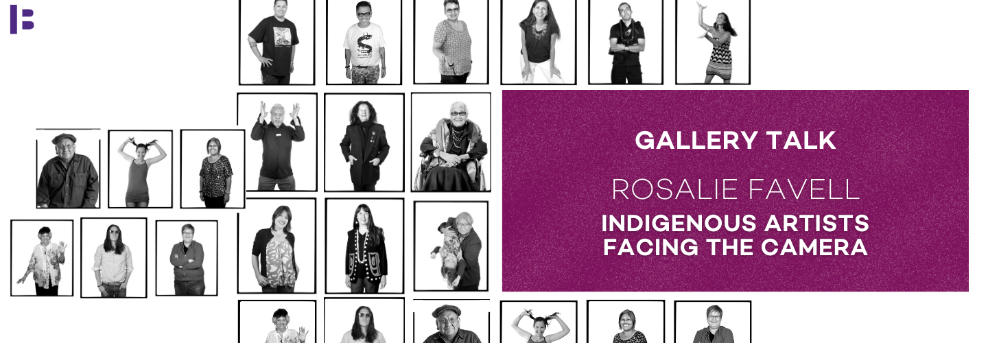 exhibit graphic with grid of black and white portraits of Indigenous artists 