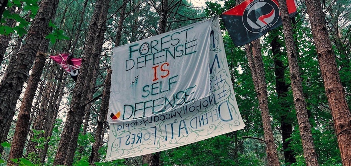 A banner proclaiming "forest defense is self defense" hanging from trees in a forest.