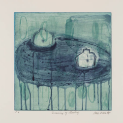 Aquamarine etching of 2 armless headless torsos floating on a dripping, egg-shaped, dark blue pool