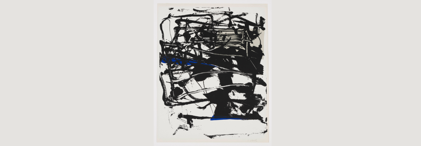 Black gestural brushstrokes of varying intensity with touches of blue and grey