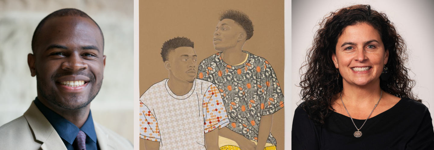 headshots and drawing of two men relaxing.