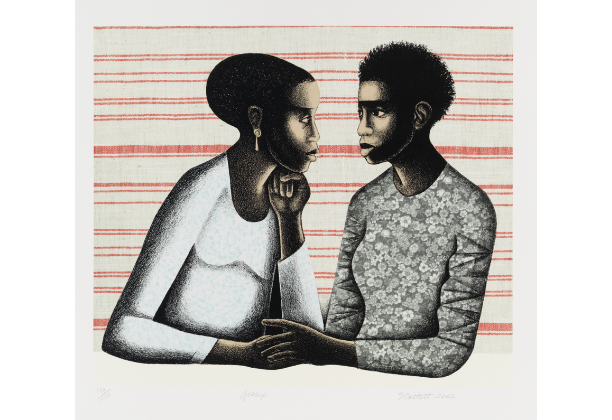 Two dark-skinned figures in profile, holding hands and making direct eye contact with each other