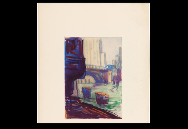 Drawing of bridge over Chicago river from edge of river walk, large building in backdrop