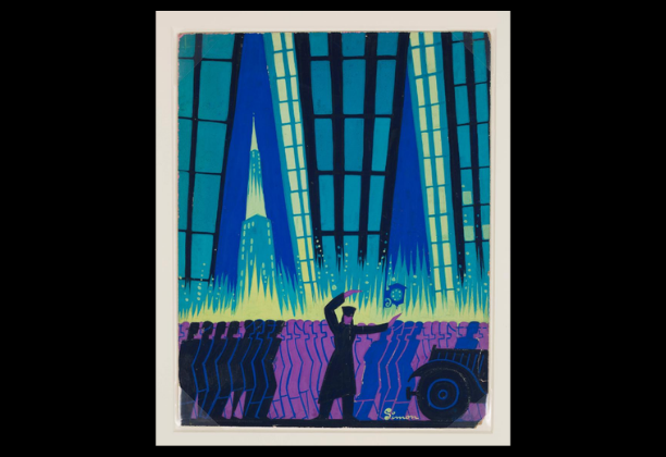 Painting of cop directing traffic in front of crowd and angled skyscrapers