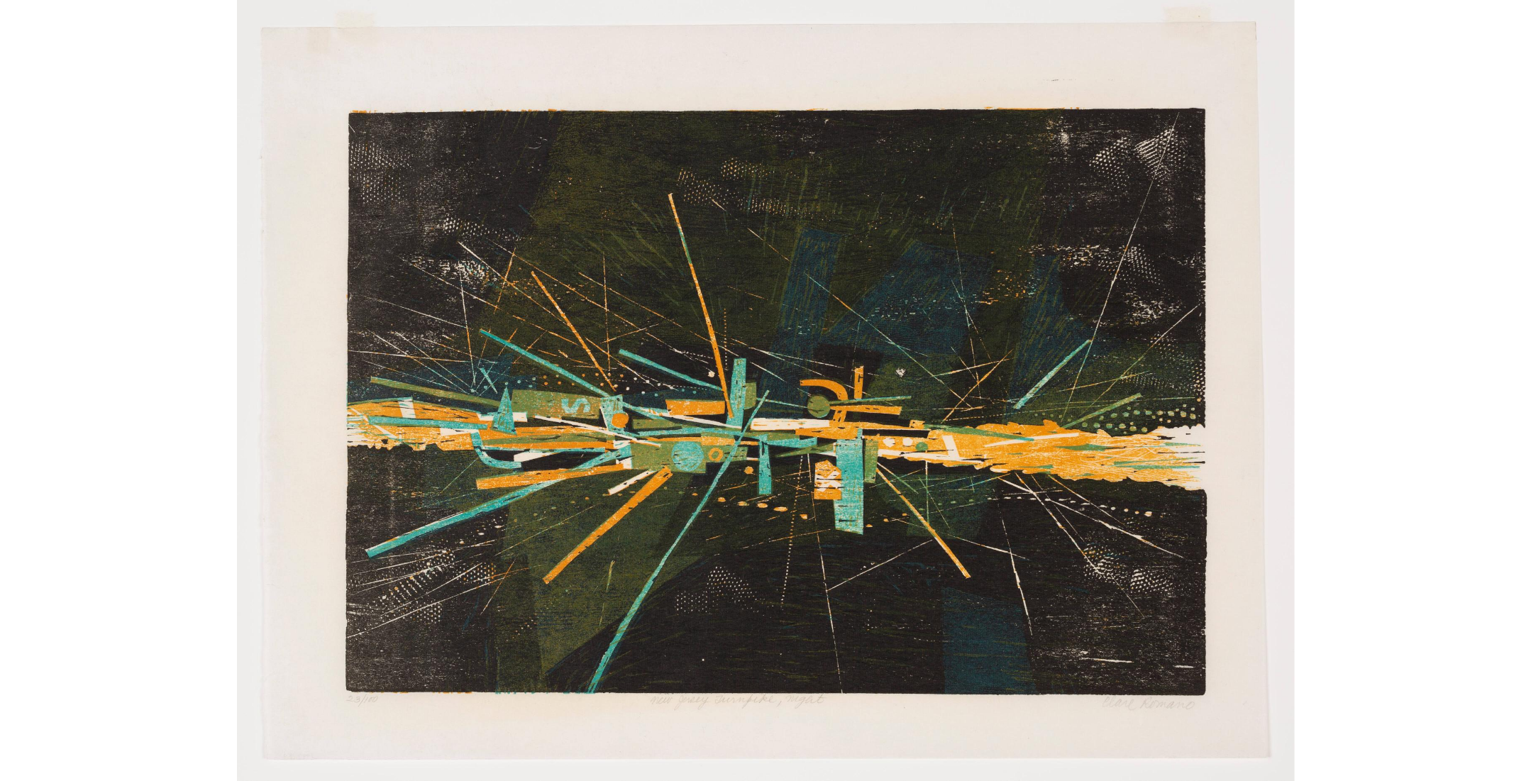 abstract print of motion-smeared headlight flares at night
