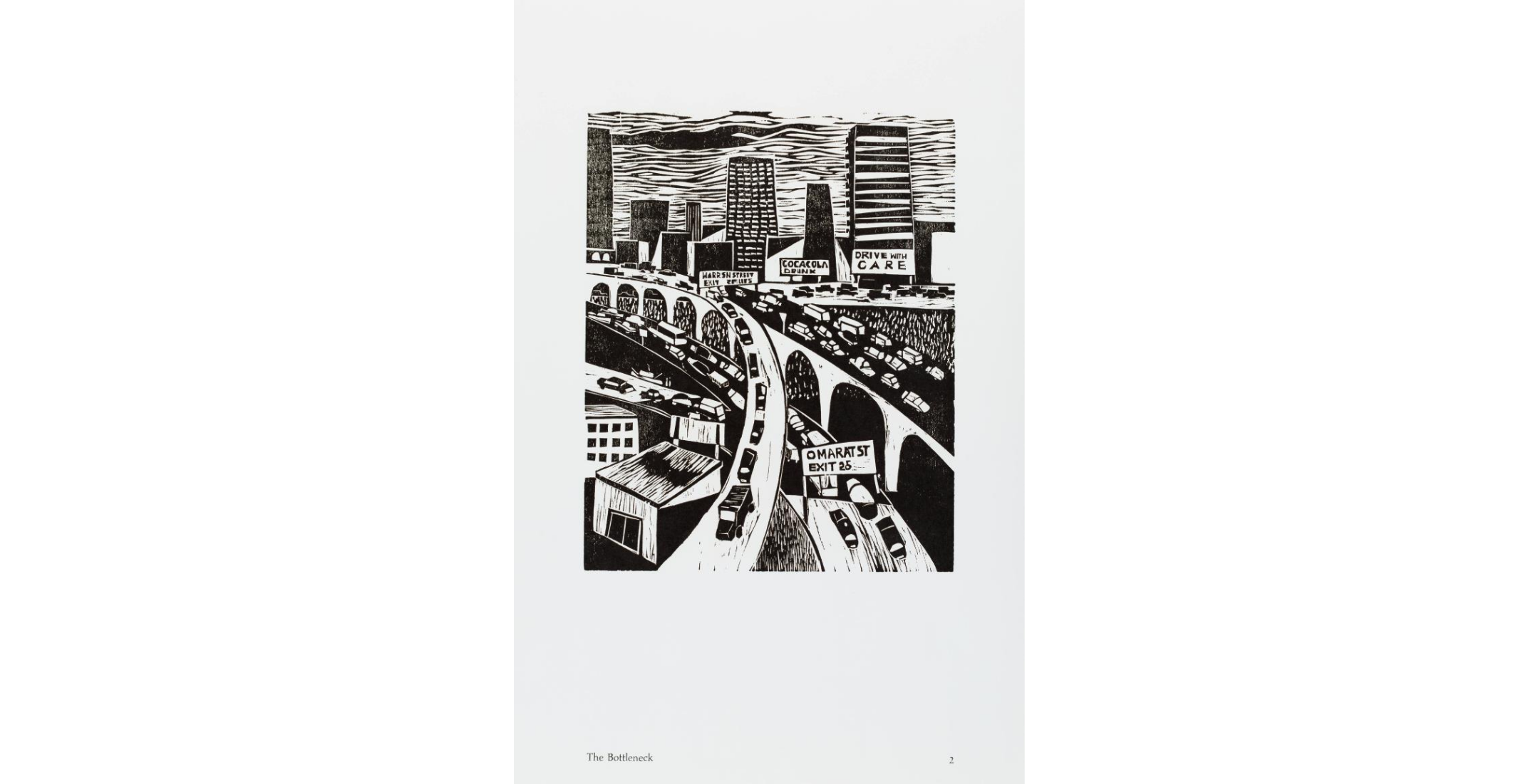 black and white print of traffic jams on multiple crisscrossing roads and highway interchanges