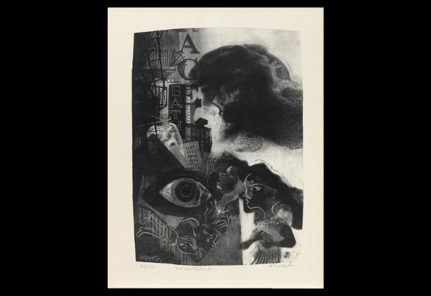 abstract pring of large eye and several figures in front of jumble of city details