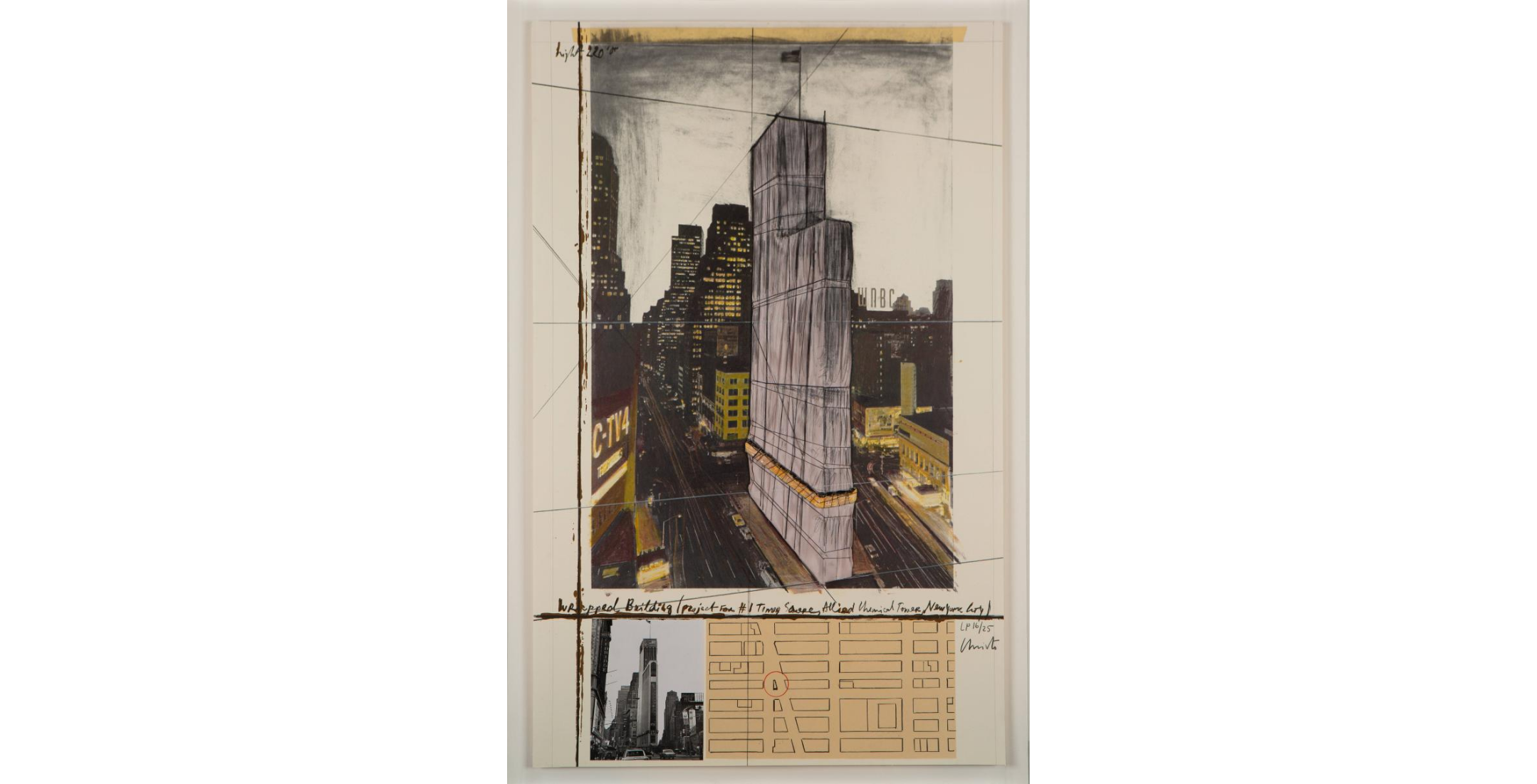 cityscape with central building depicted in white wrapping top-to-bottom