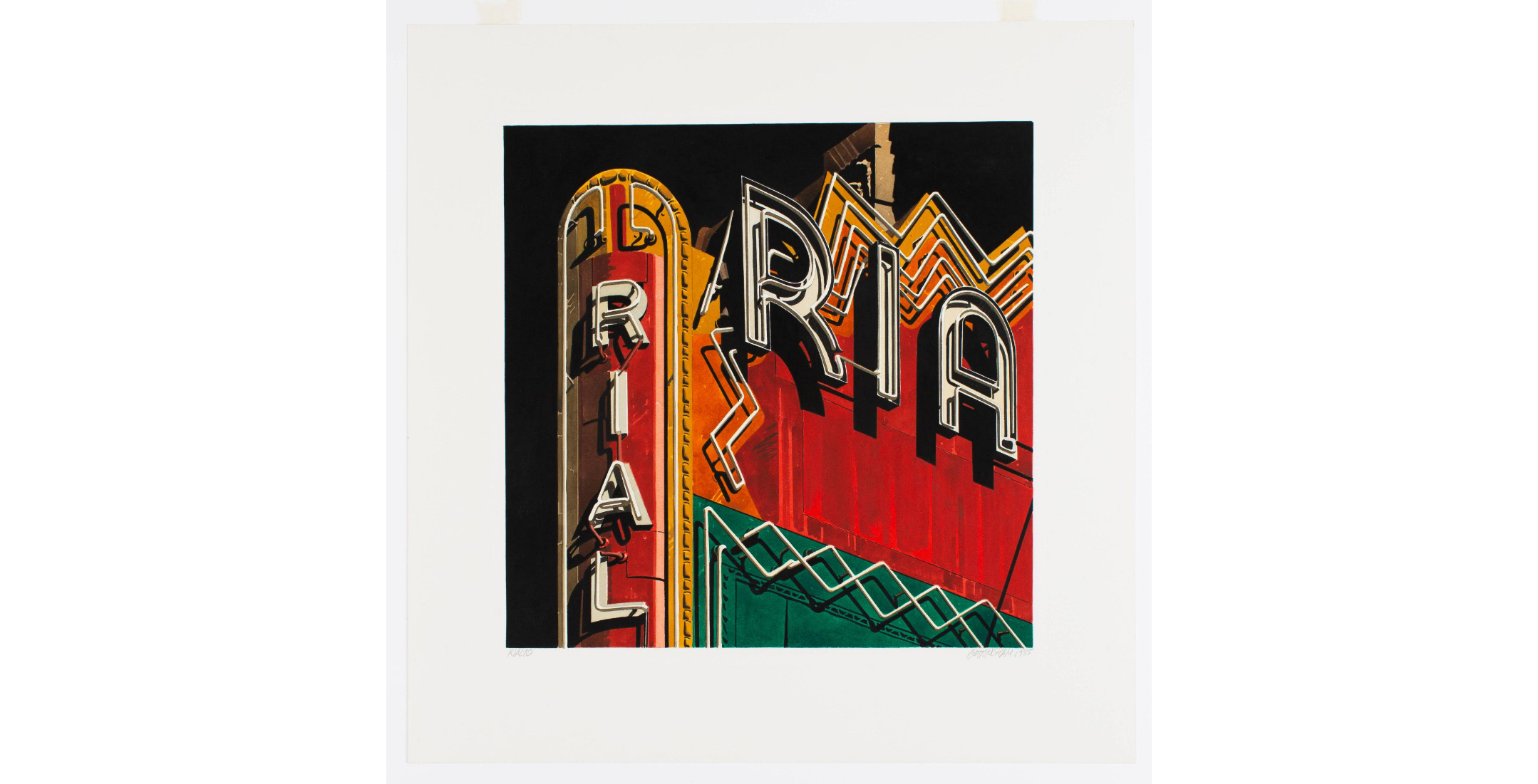 colorful detail of Rialto theater sign, cropping vertical text to RIAL and horizontal to RIA