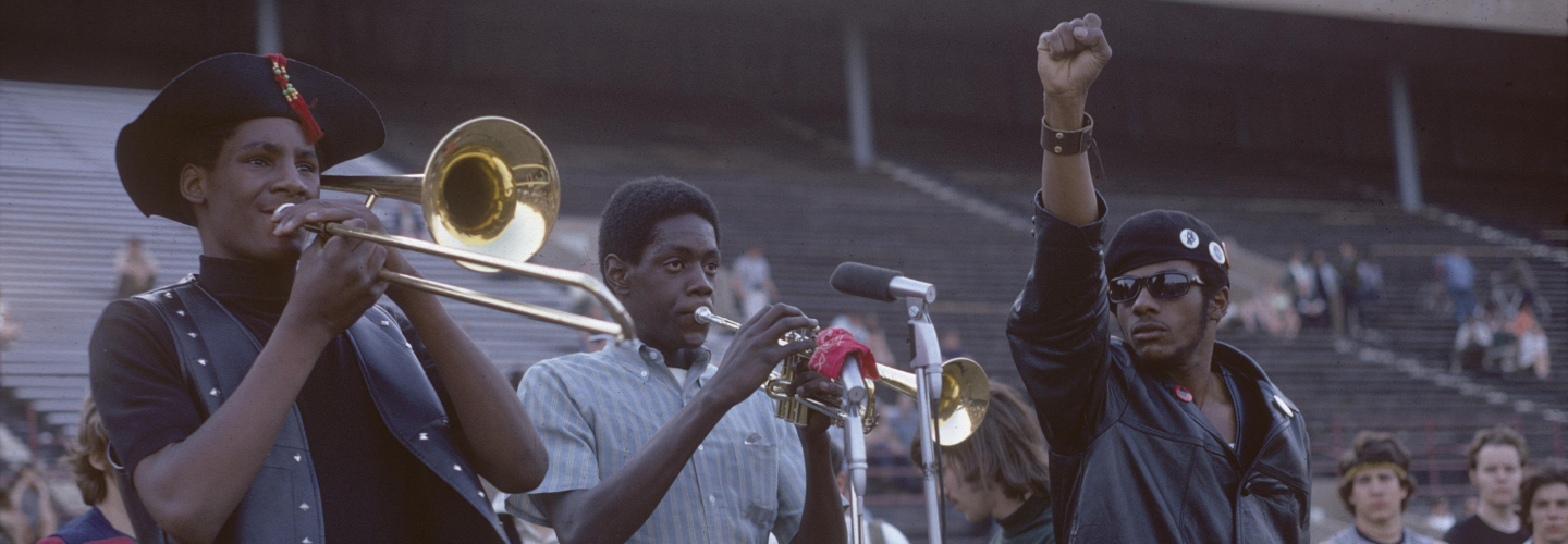 James Roberts, Horns and Black Panther at Anti-war demonstration, c. 1968-1972. Digitized photograph. Northwestern University, University Archives Repository, Jim Roberts Photographs Accession:0034_11825