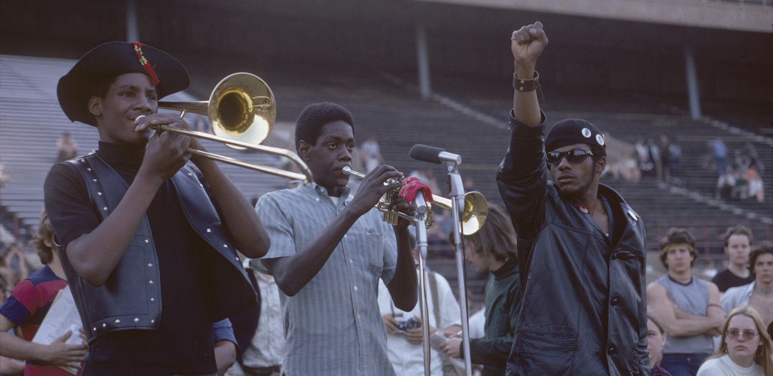 James Roberts, Horns and Black Panther at Anti-war demonstration, c. 1968-1972. Digitized photograph. Northwestern University, University Archives Repository, Jim Roberts Photographs Accession:0034_11825