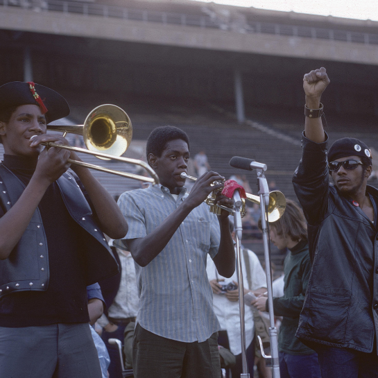 James Roberts, Horns and Black Panther at Anti-war demonstration, c. 1968-1972. Digitized photograph. Northwestern University, University Archives Repository, Jim Roberts Photographs Accession:0034_11825