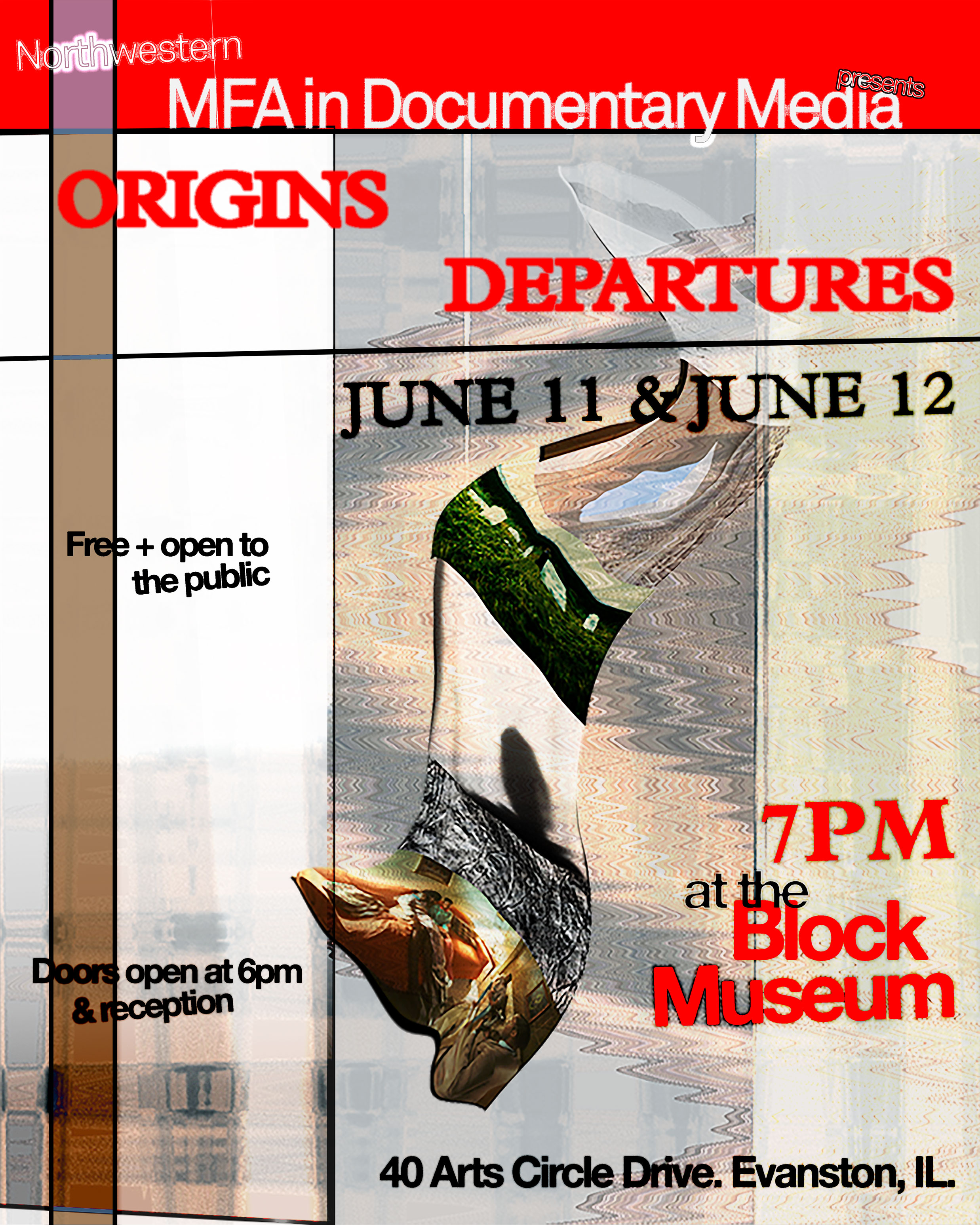 Poster design with manipulated images and text about the Origins/Departures screening