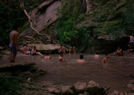 People swimming in a pond alongside greenery and rock