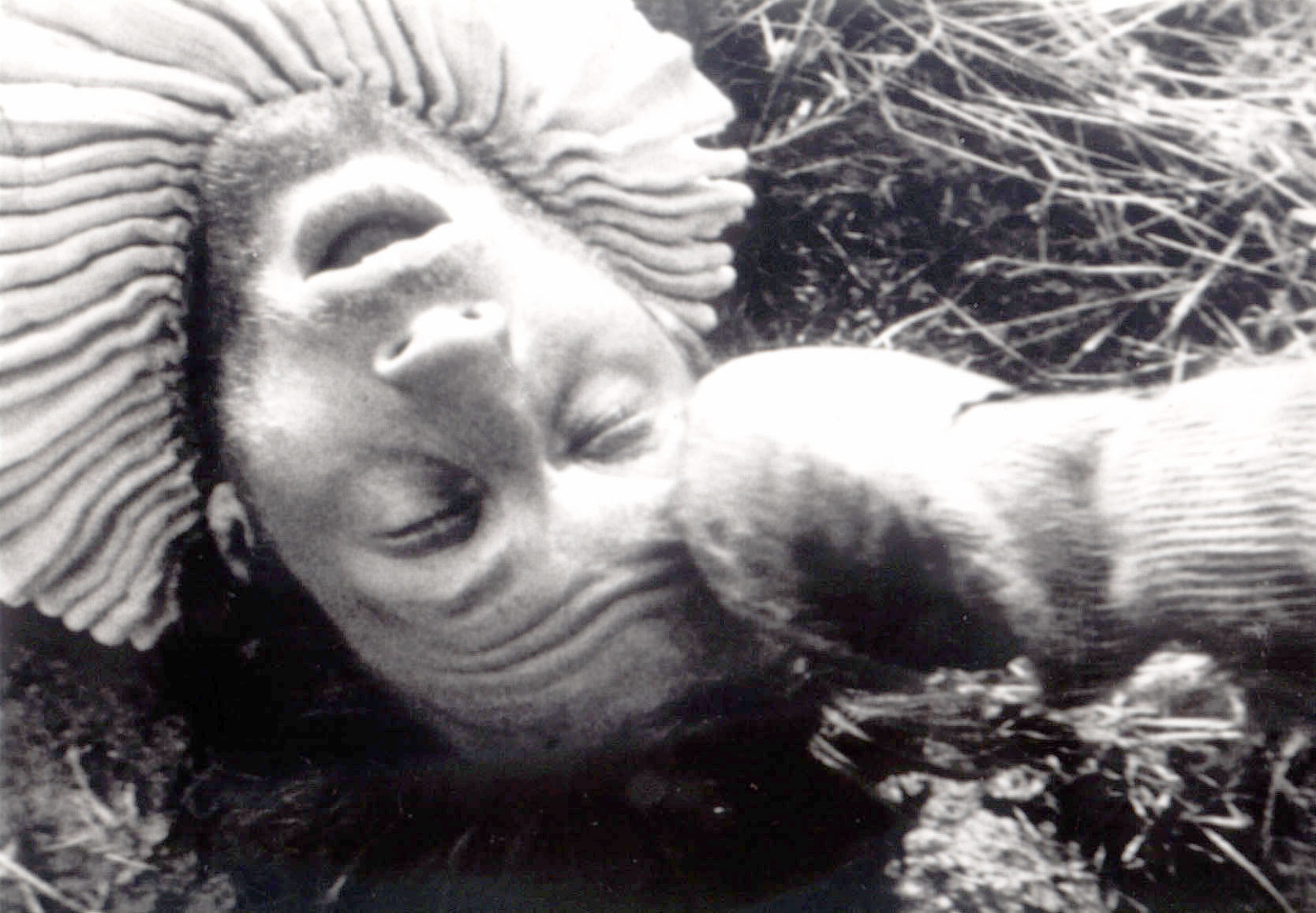 A surprised man wearing a ruffled collar lays on the ground in black and white 