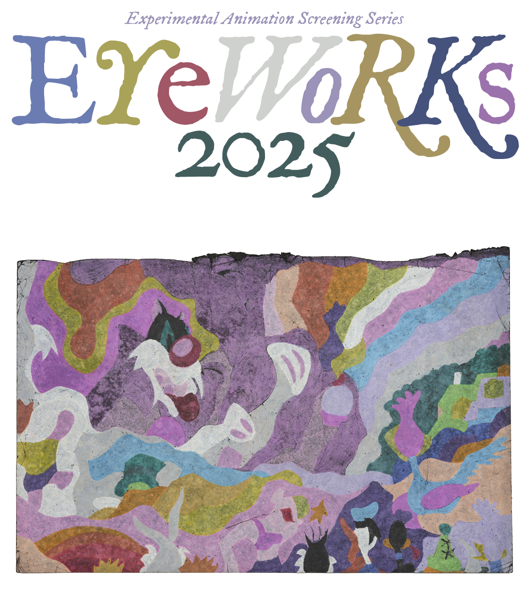 Eyeworks artwork with pastel color text and abstract images