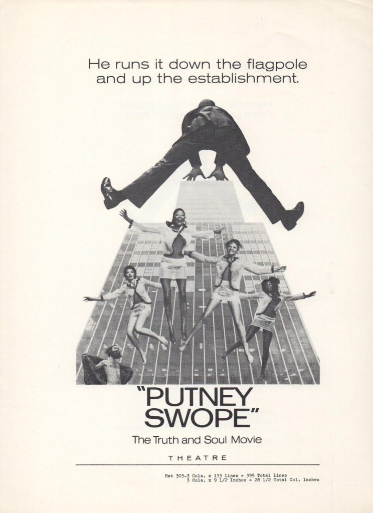Putney Swope original poster shows a man leaping over a skyscraper and the tagline "He runs it down the flagpole"