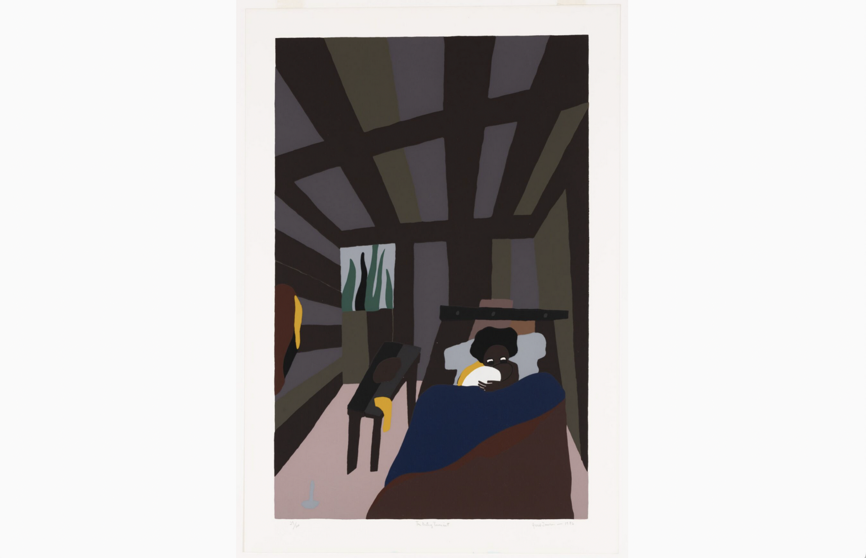 color screenprint of man laying in bed in wood cabin
