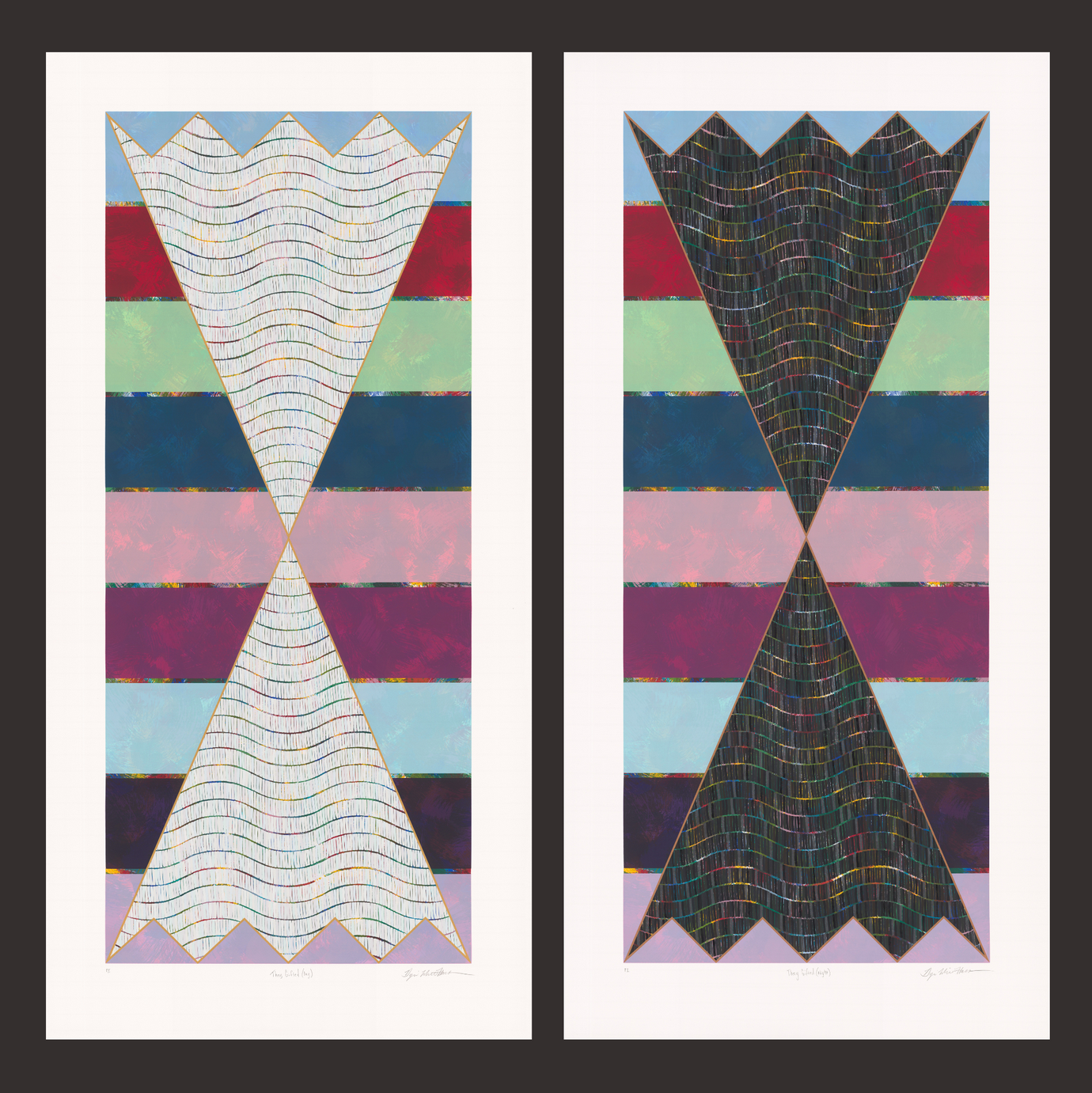 two prints, both depicting convergent traingular shapes over rows of colored bands. In the print on the left, the triangles are white. On the right, they are black.