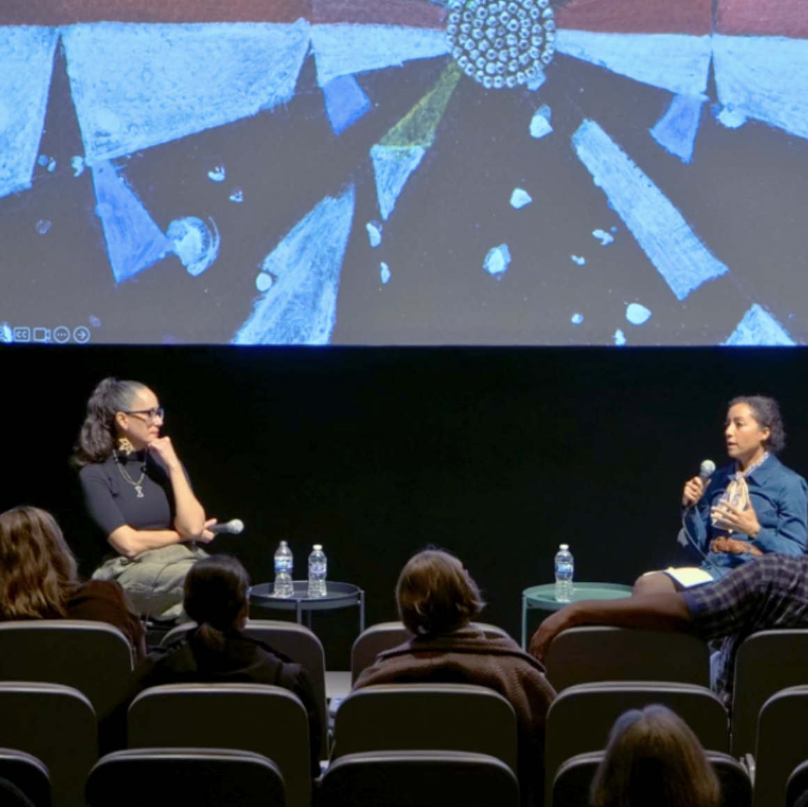 two women sit in front of listeners in auditorium, one speaking into microphone
